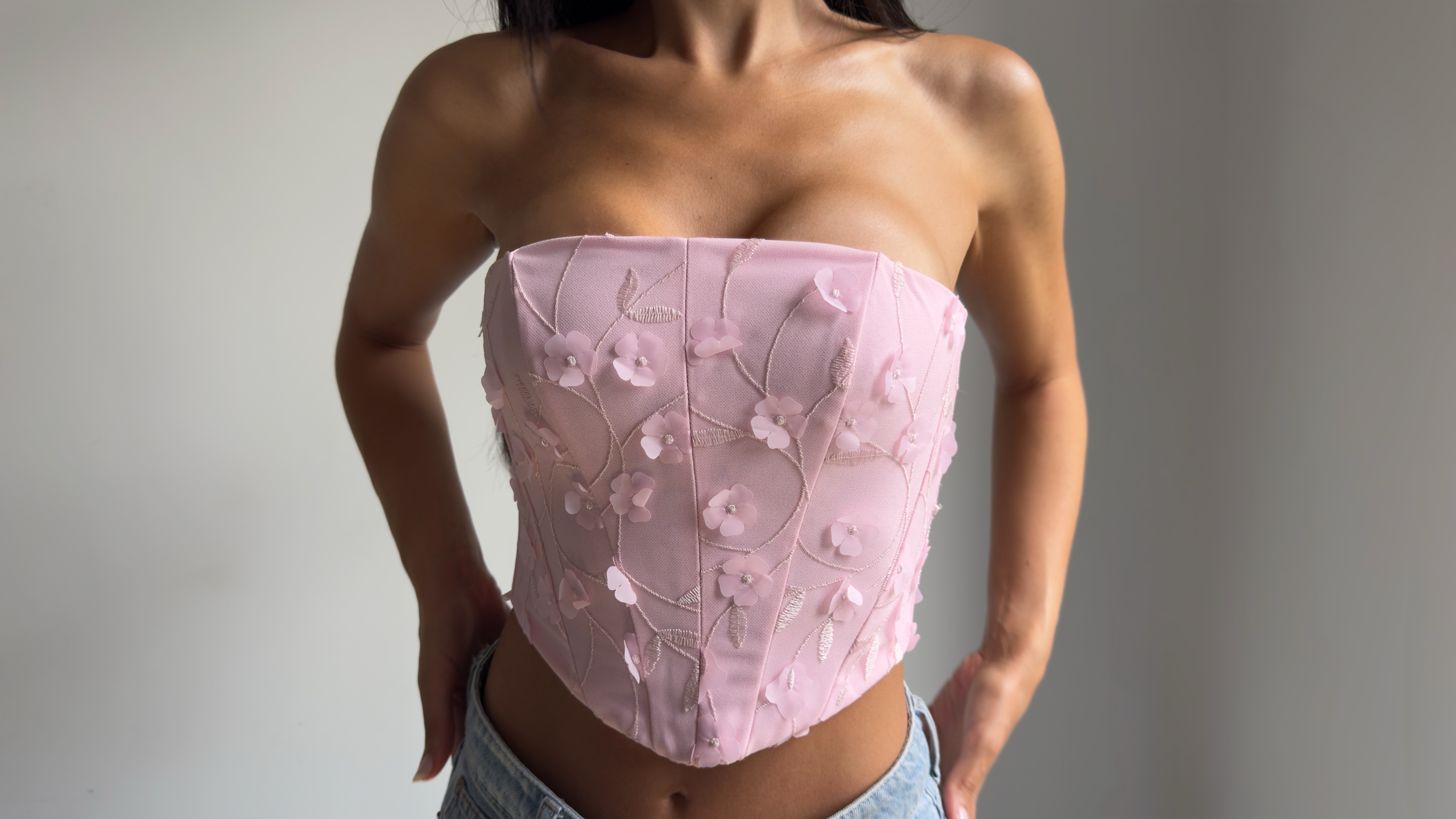 Pink floral Isabelle Corset made with the Miss Lion PDF sewing pattern