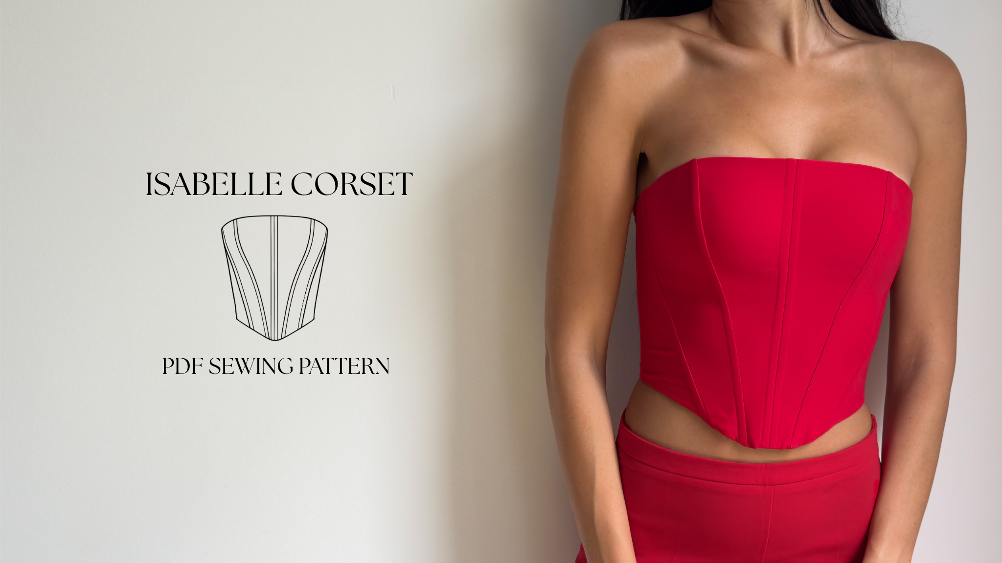Isabelle Corset PDF sewing pattern with technical drawing and finished red corset