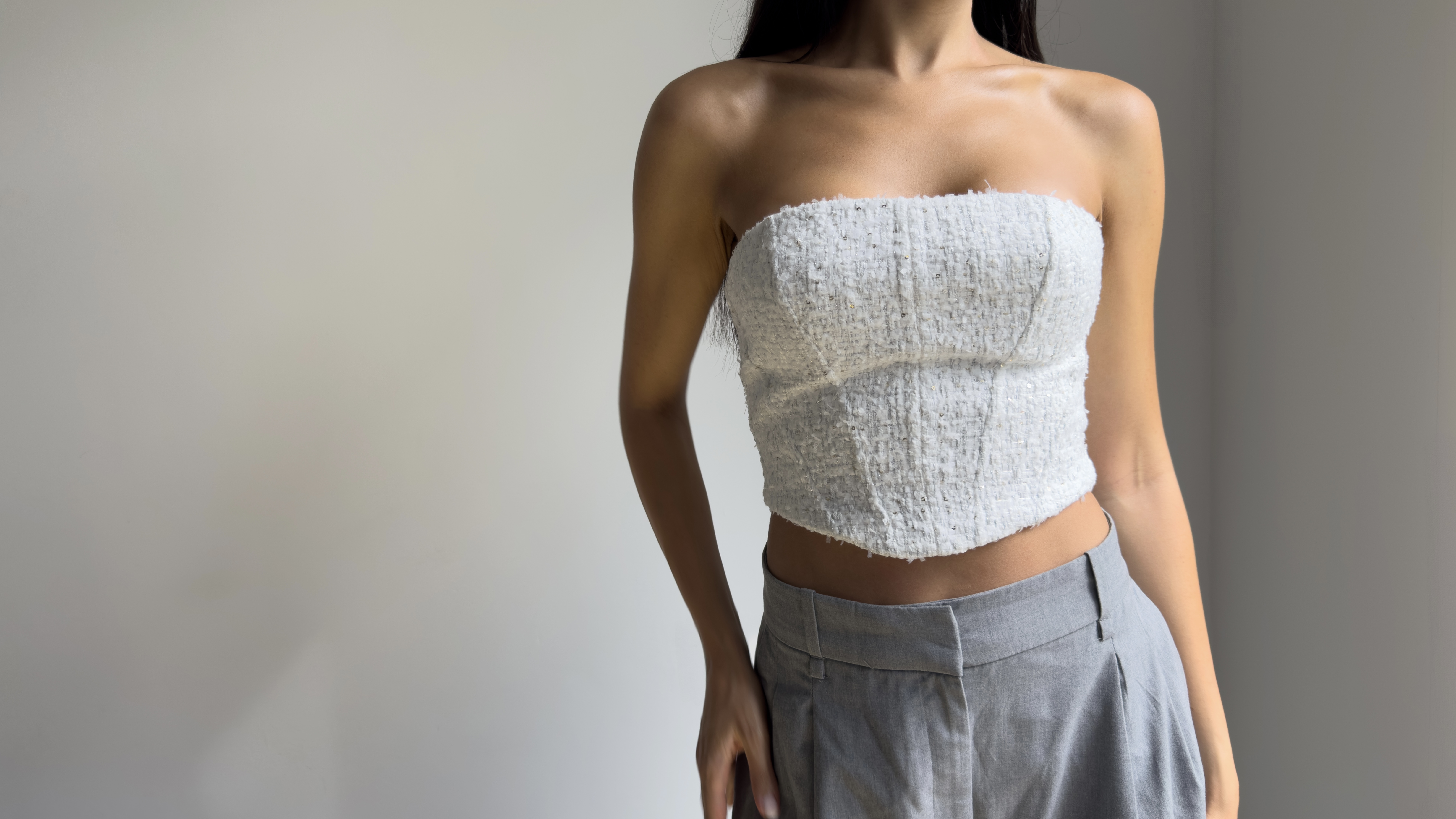 White tweed Isabelle Corset made with the Miss Lion PDF sewing pattern