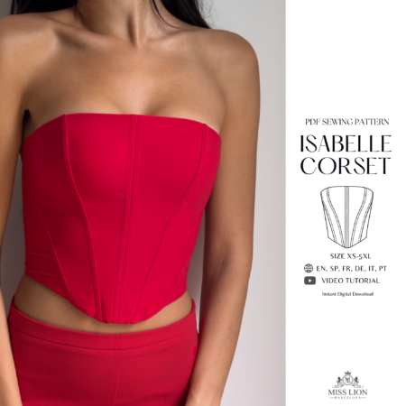 Corset Isabelle rojo palabra de honor confeccionado con patrón de costura PDF.