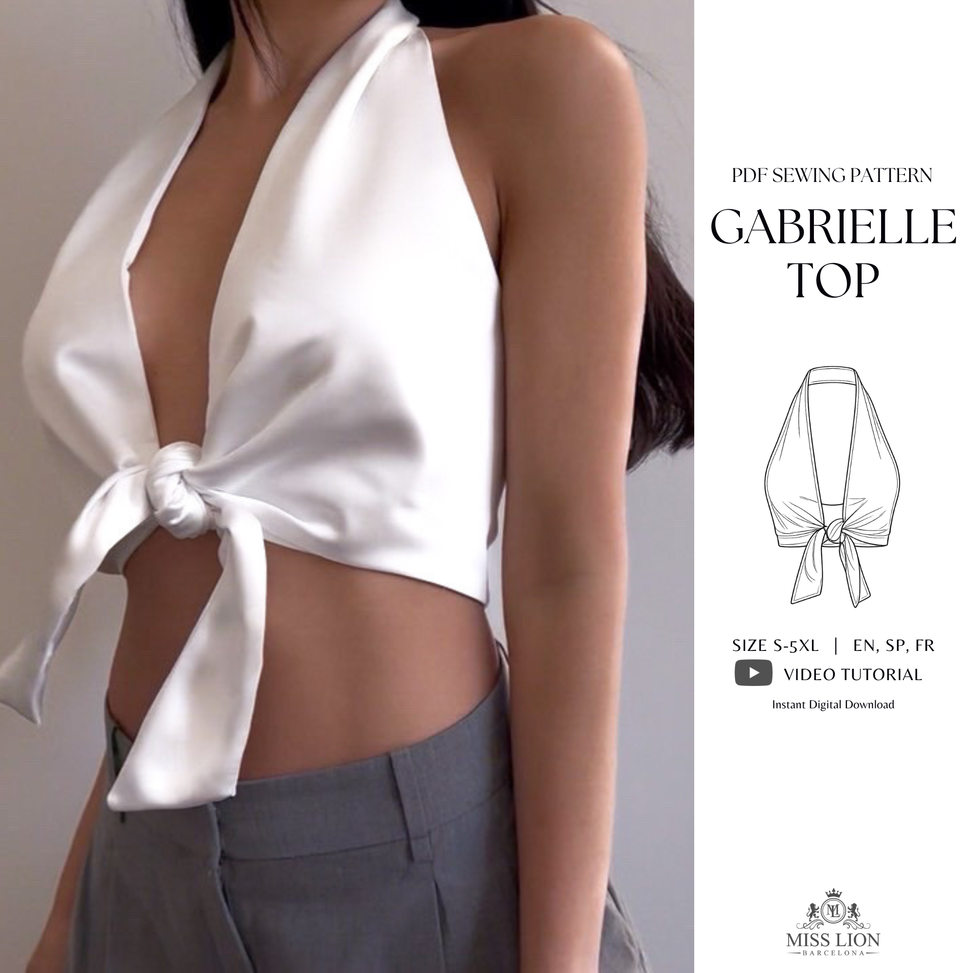 Gabrielle Top PDF sewing pattern featuring a deep neckline and front tie.